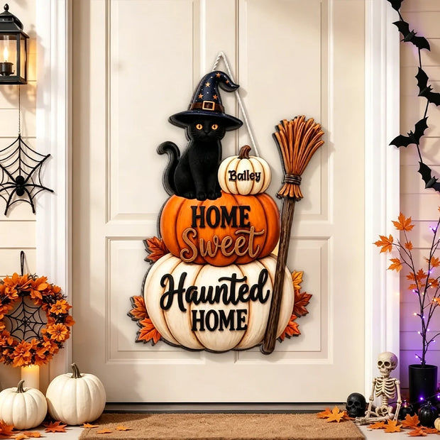 Witch Cat & Pumpkins  - Personalized Wood Sign - Halloween Gift For Family