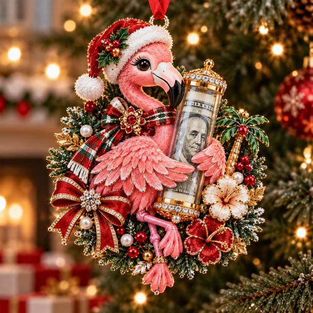 Cute Highland Cow Flamingo Teddy Bear Give Money Christmas - Personalized Acrylic Ornament