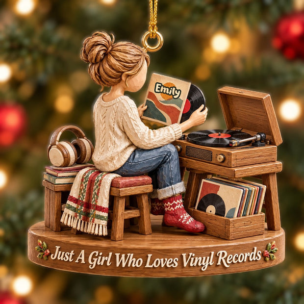 Just A Girl Who Loves Vinyl Records Custom Name Christmas Gifts For Her - Personalized Wooden Ornament