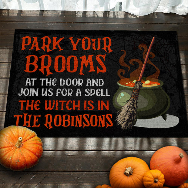 Park Your Brooms And Join Us For A Spell - Personalized Doormat - Halloween Gift For Family