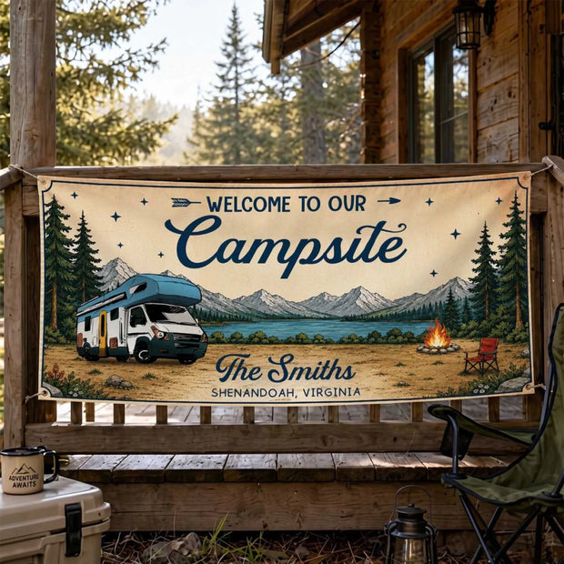Adventure Found Here - Personalized Outdoor Banner - Gift For Camping Lovers