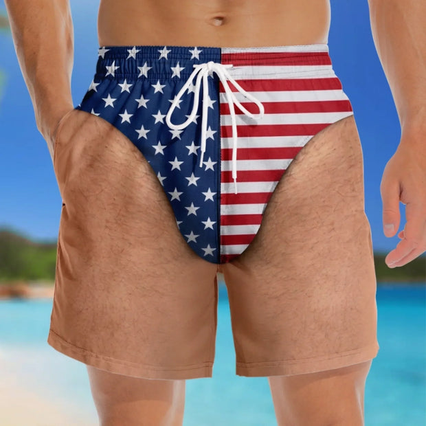Funny American Flag Swim Trunks Summer Vacation - Personalized Beach Short - Gifts For Men, Patriots