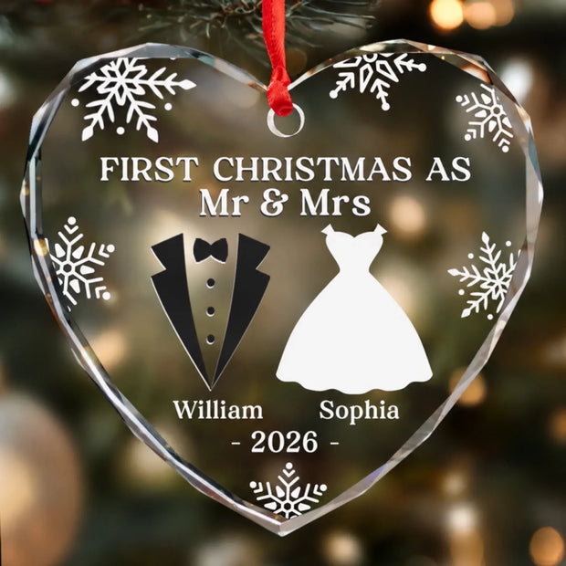 Our First Christmas As Mr & Mrs - Personalized Heart Glass Ornament