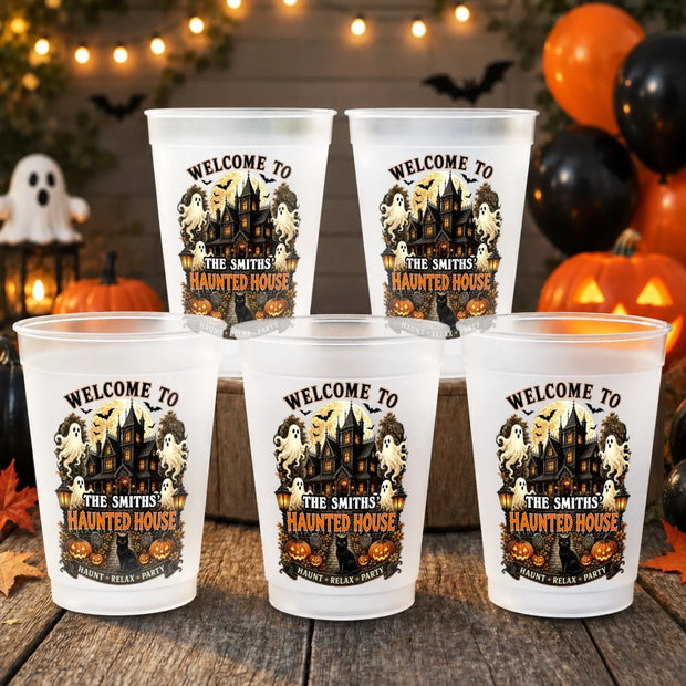Black Cat Spooky House - Personalized Frosted Cups - Halloween Gifts For Family