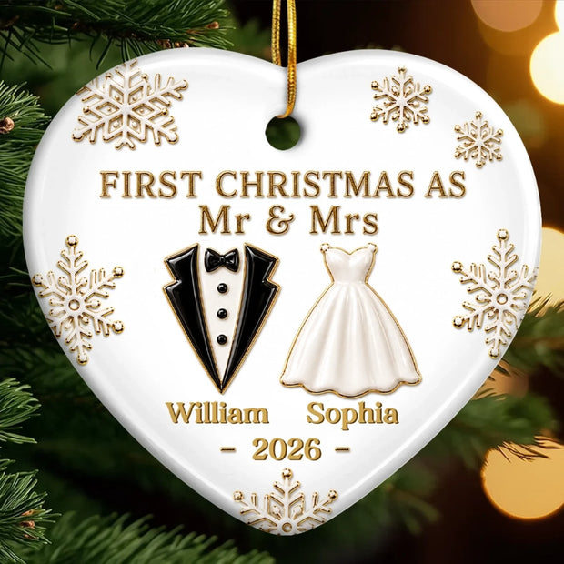 Married And Merry Together Always - Personalized Ceramic Ornament - Chrismas Gift For Couple
