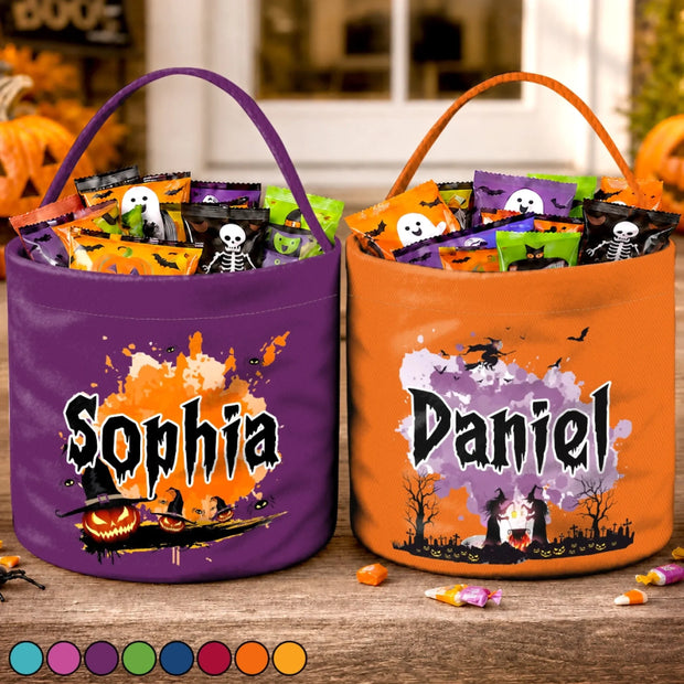 Tiny Trickster - Personalized Canvas Bucket Bag - Halloween Gift For Kids