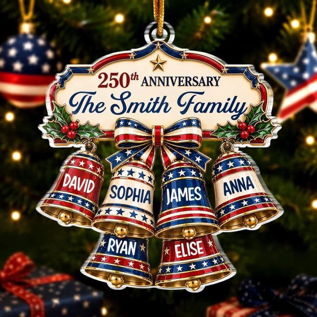 Our Christmas Bell Family Custom Name Gifts For Patriots - Personalized Acrylic Ornament