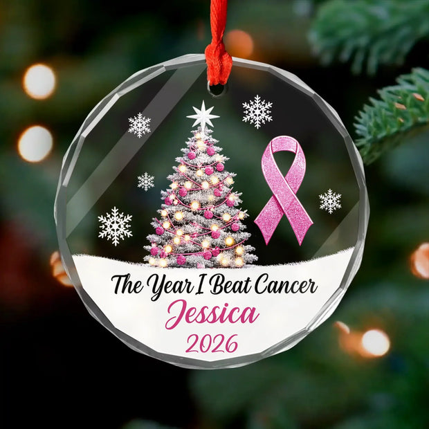 The Year I Beat Cancer - Personalized Round Glass Ornament - Gift For Family