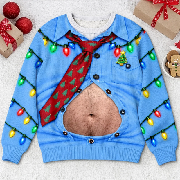 Funny 3D Open Shirt Christmas Sweater, Xmas Tie Costume, Ugly Holiday Outfit Gift For Him - Personalized Ugly Sweater
