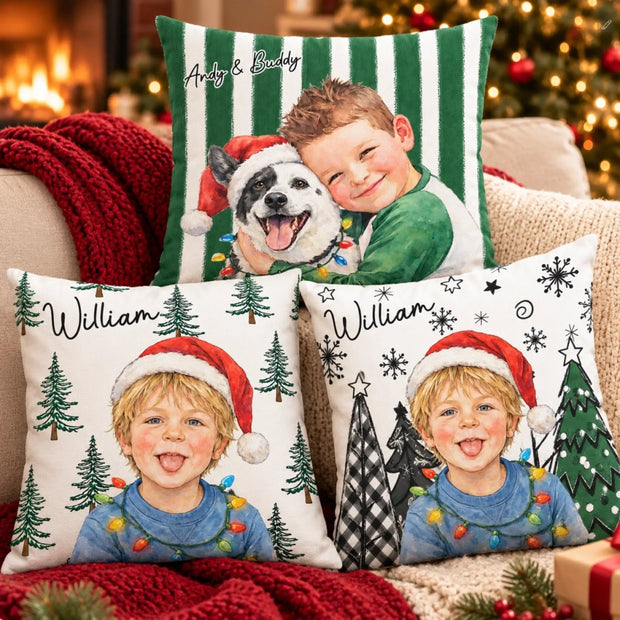 Custom Photo Watercolor Christmas Gifts for Kids - Personalized Pillow