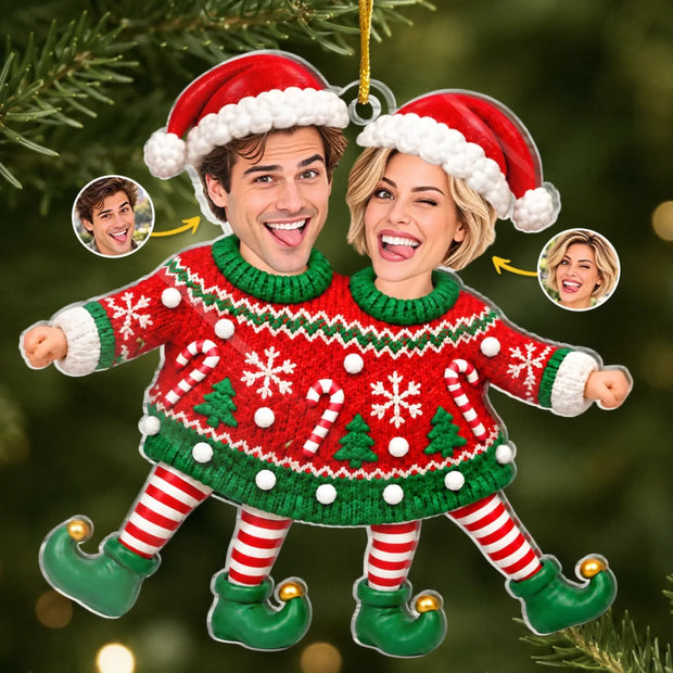 Custom Photo Funny Elf Christmas Gift For Couple - Personalized Acrylic Ornament