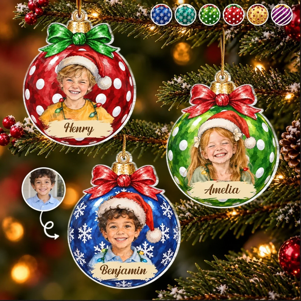 Custom Photo Name Christmas Ball Ornament Gifts for Kids - Personalized Acrylic Ornament