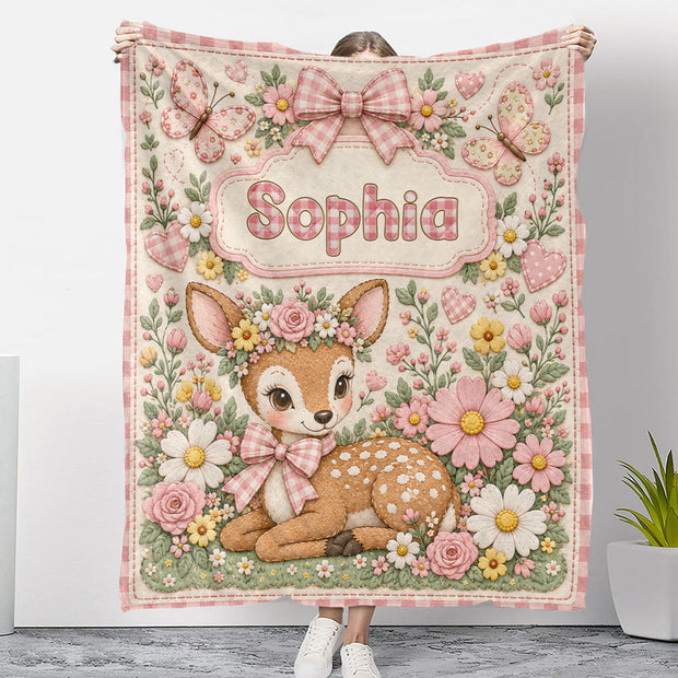 Custom Name Deer In Soft Flower Christmas Gifts For Kids, For Girls - Personalized Blanket
