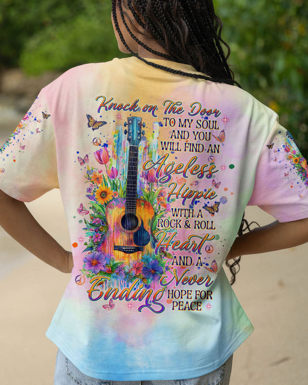 Ageless Hippie Rock & Roll Heart Guitar - Tie Dye Hippie Soul Floral & Peace Quote - AOP Shirt