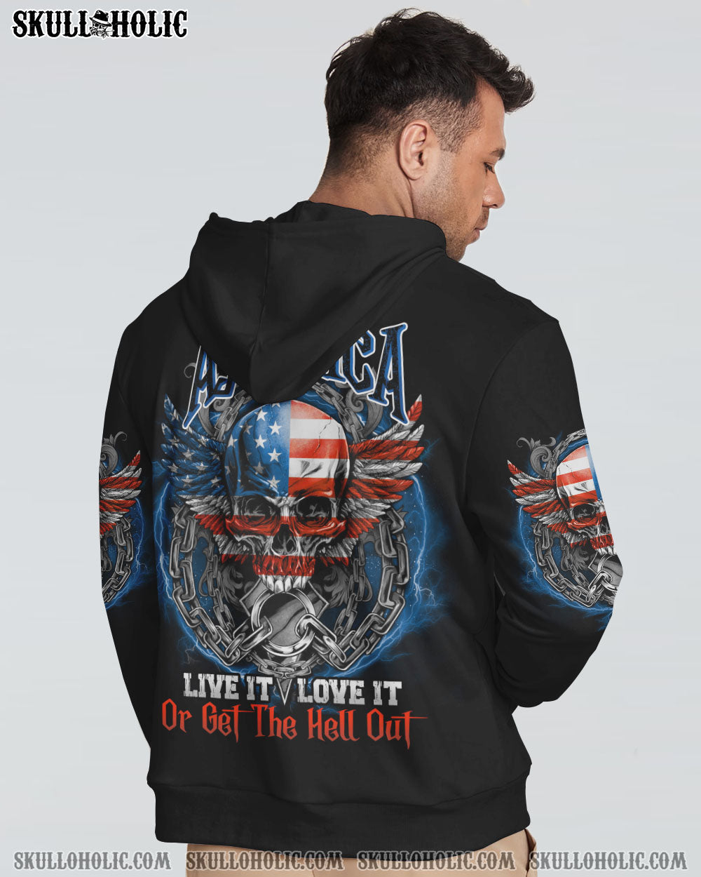 America Live It Love It or Get the Hell Out Patriotic Skull America Love Graphic Tee AOP Shirts _ k2jhD