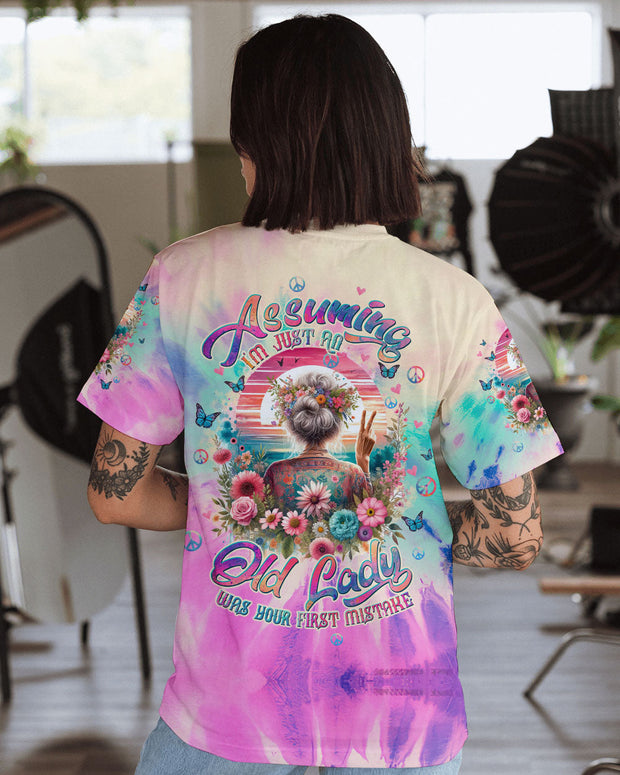 Assuming I'm Just an Old Lady Was Your First Mistake - Funny Peace Sign Tie Dye Graphic - AOP Shirts QT5120504