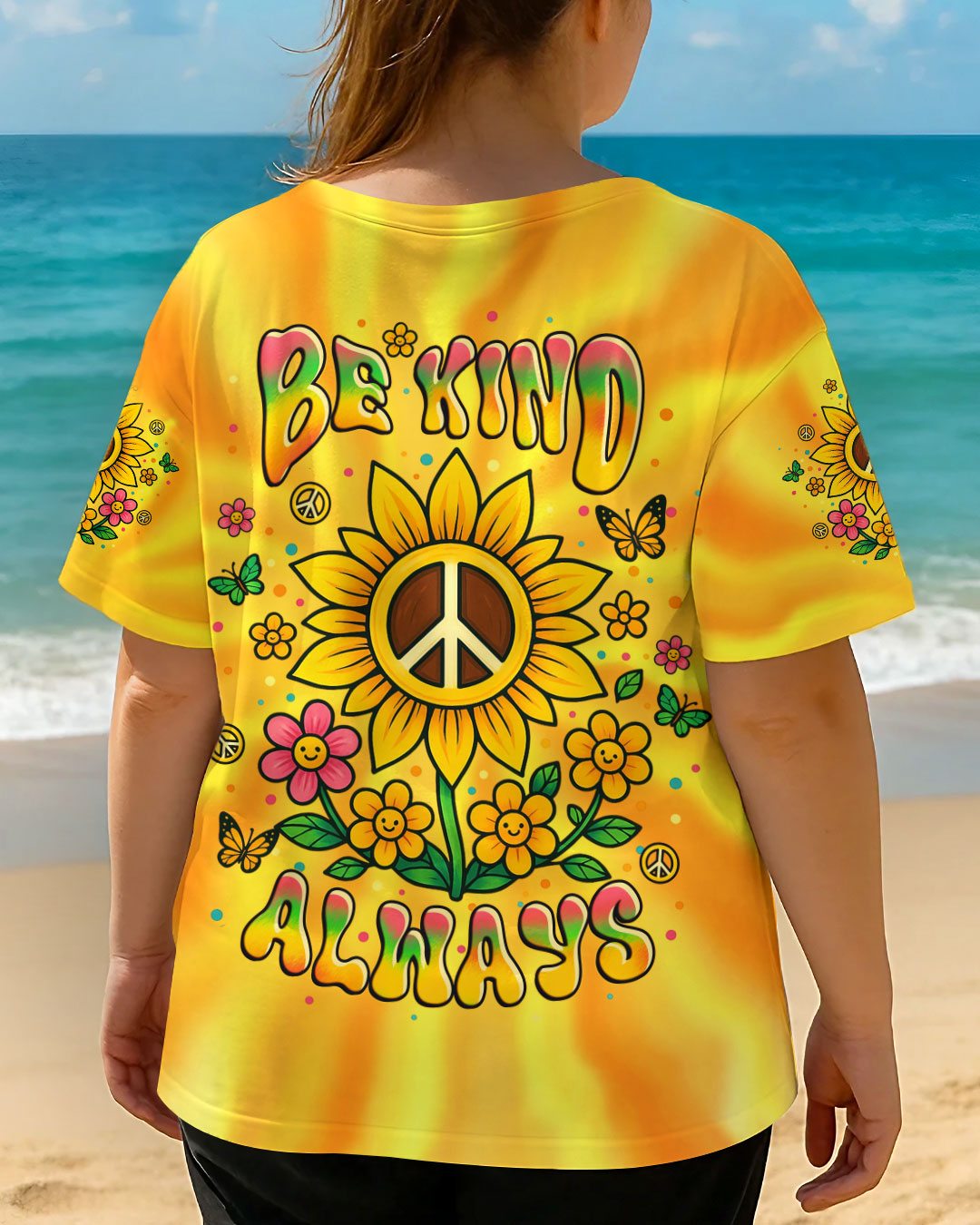 Be Kind Always Peaceful Sunflower Hippie Positive Message with Tie Dye Design AOP Shirts _12_ b1VVP