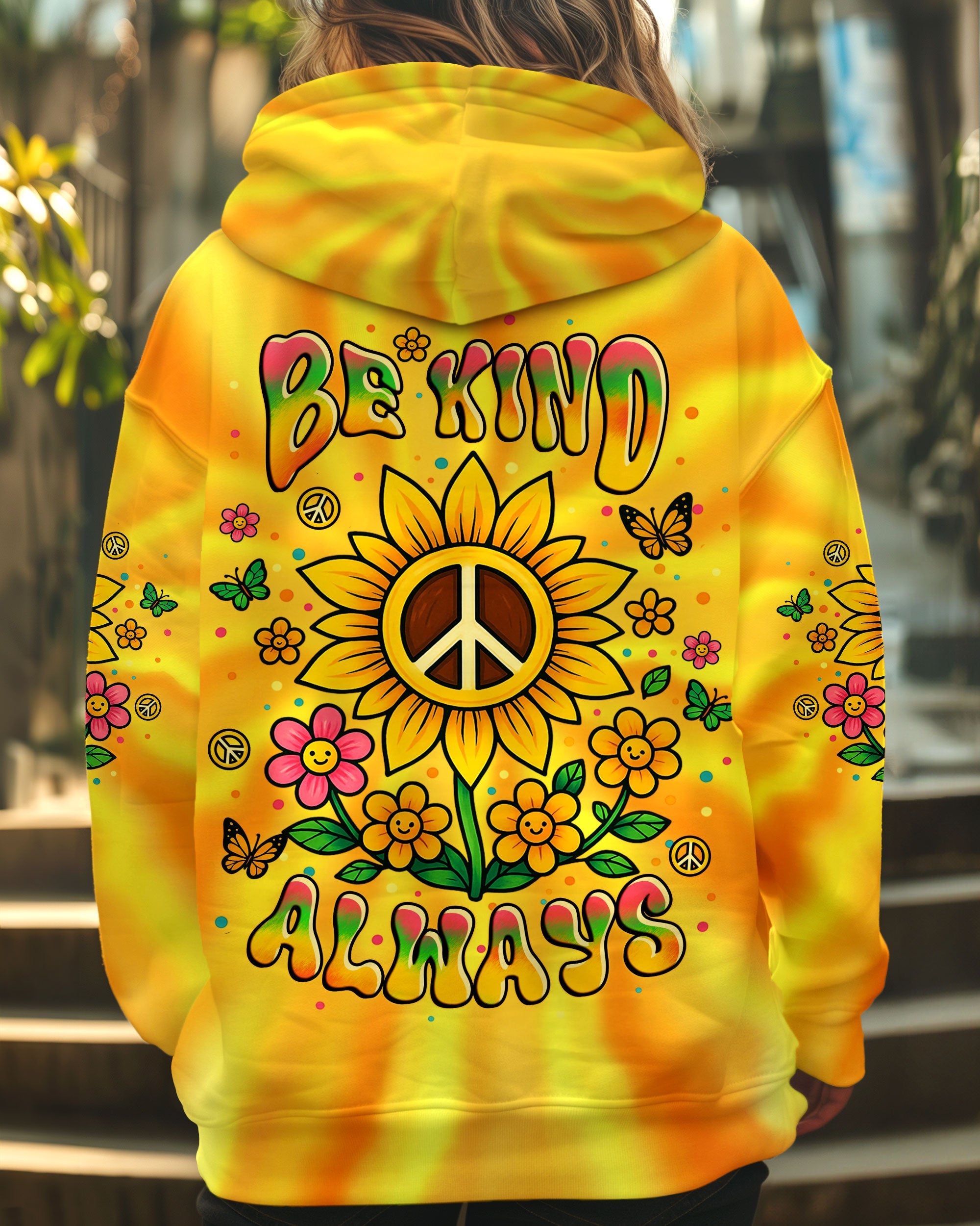 Be Kind Always Peaceful Sunflower Hippie Positive Message with Tie Dye Design AOP Shirts _1_ hhYQS