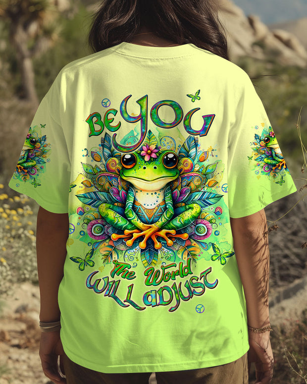 Be You The World Will Adjust - Colorful Meditating Frog Graphic - AOP Shirts