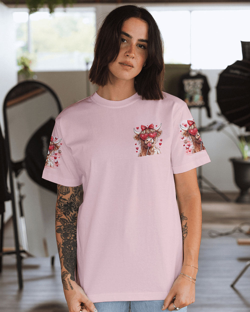 Be You The World Will Adjust Cute Cow with Bow and Heart Glasses AOP Shirts _13_ bvYR1
