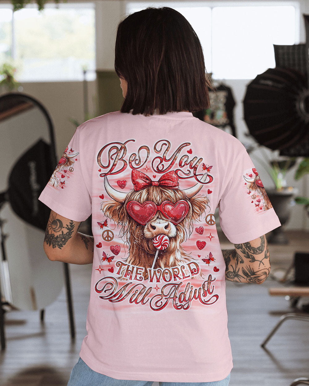 Be You The World Will Adjust Cute Cow with Bow and Heart Glasses AOP Shirts _1_ y7Lqn