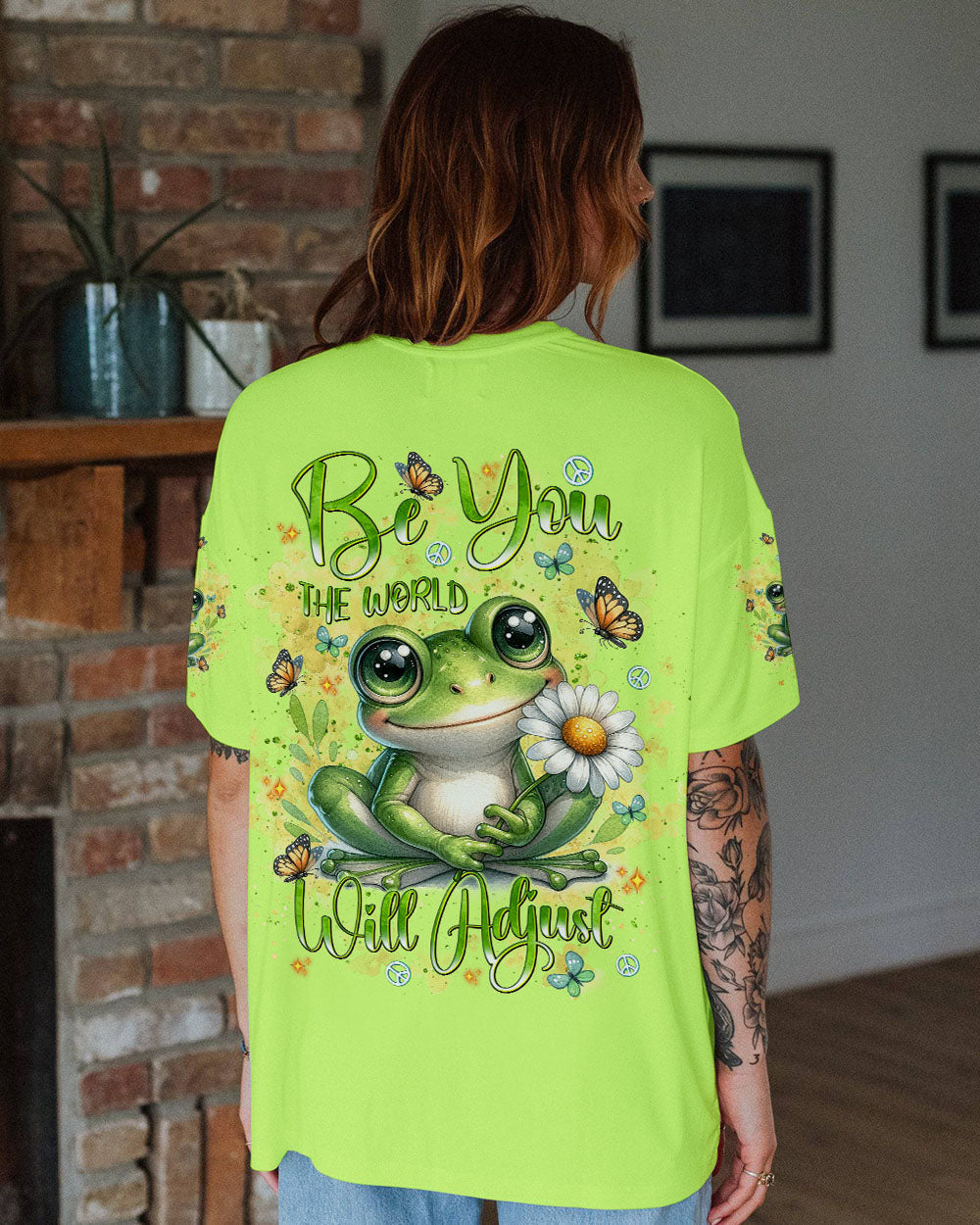 Be You The World Will Adjust Cute Frog and Daisy Green Hippie AOP Shirts _10_ VR1Iv