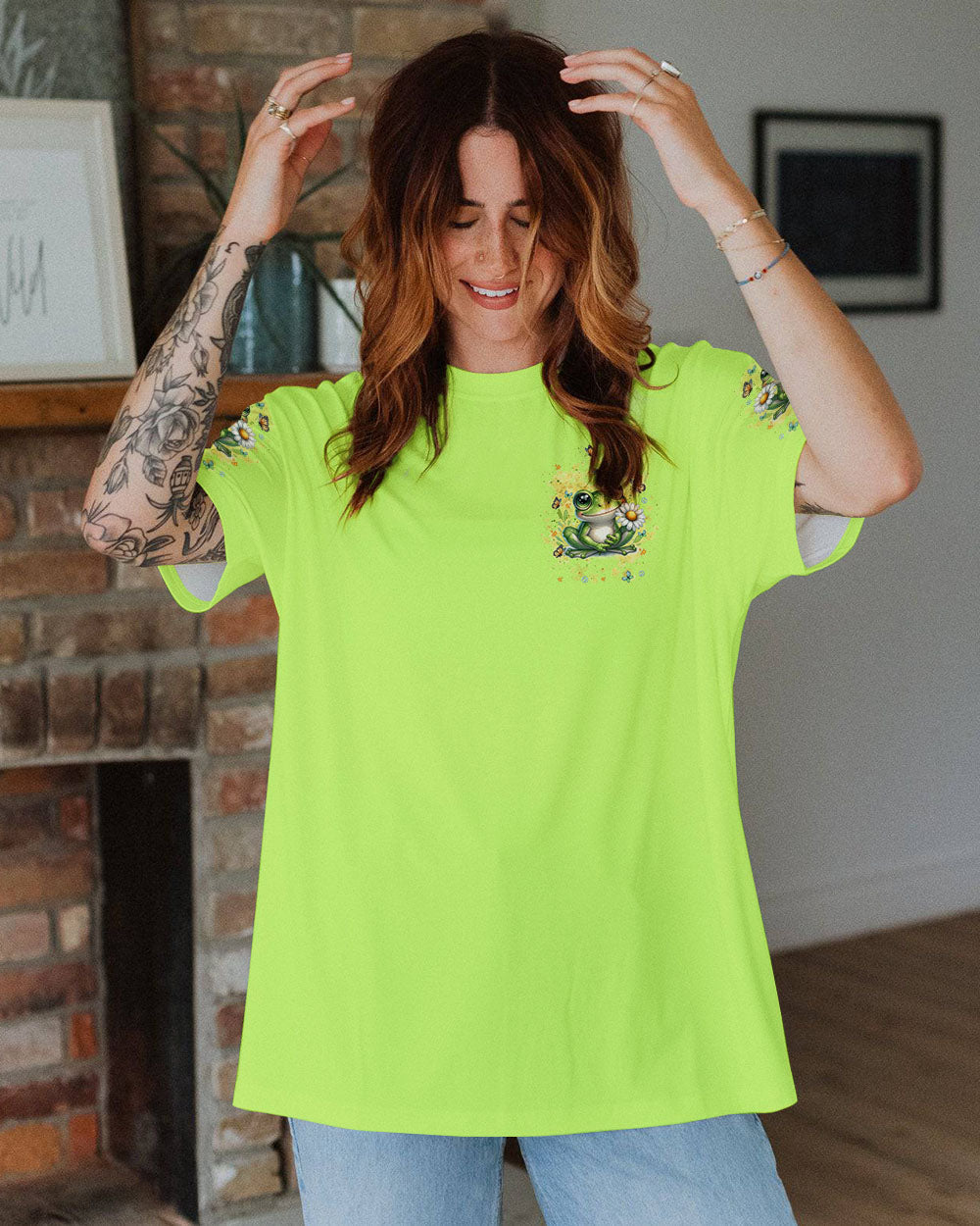 Be You The World Will Adjust Cute Frog and Daisy Green Hippie AOP Shirts _9_ sMmmj