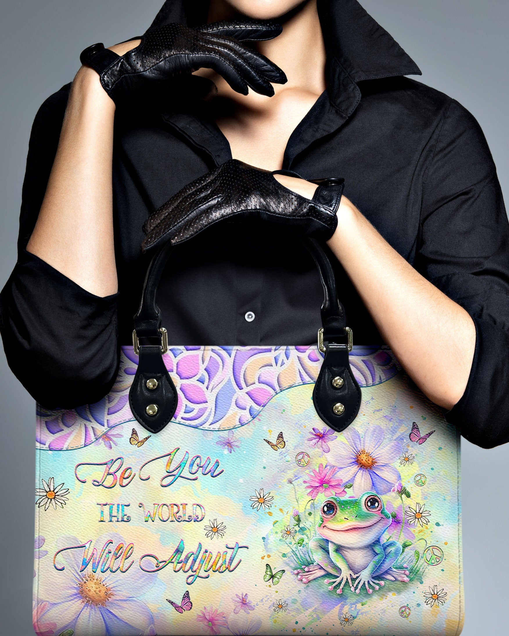 Be You The World Will Adjust Cute Peace Frog Pastel Design Hippie Leather Bag _2_ 4E07A