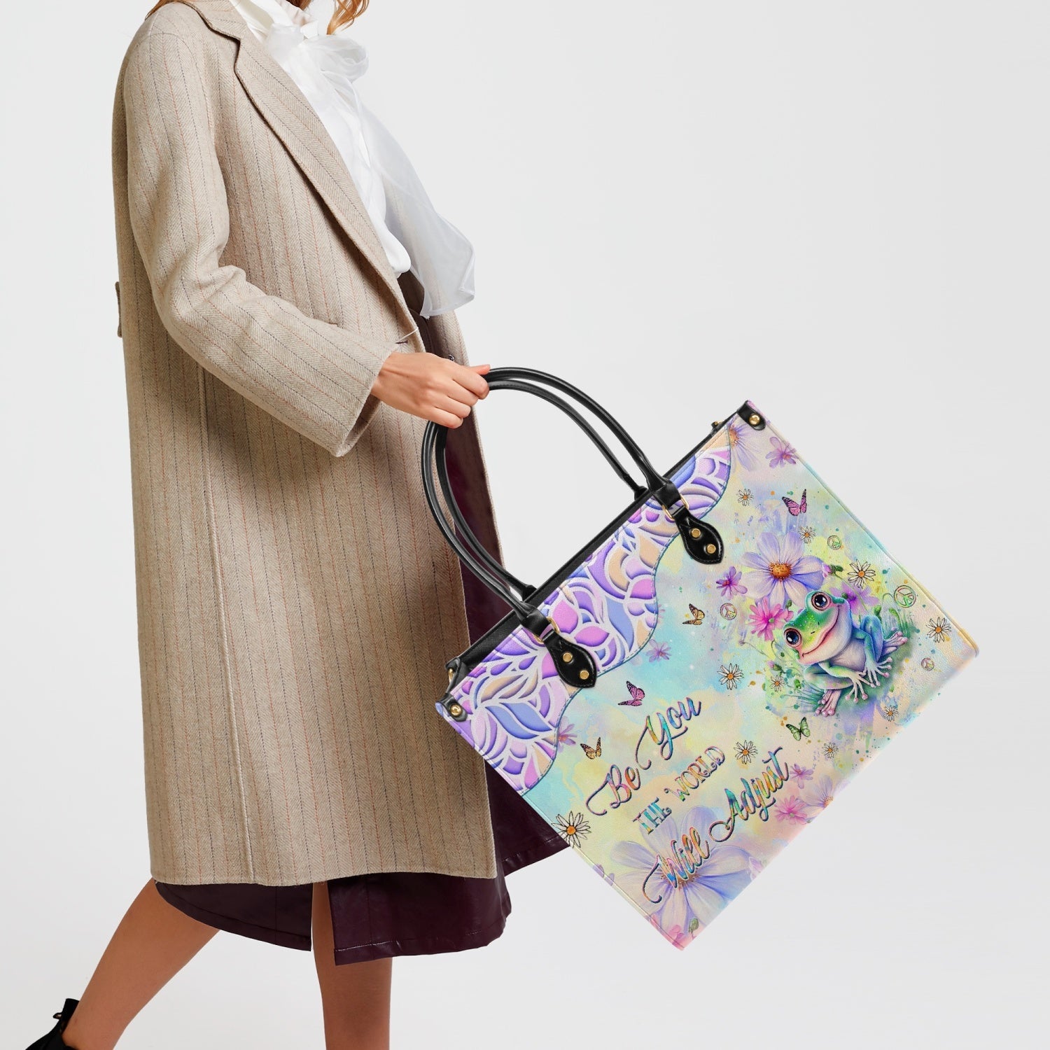 Be You The World Will Adjust Cute Peace Frog Pastel Design Hippie Leather Bag _6_ LJGGH