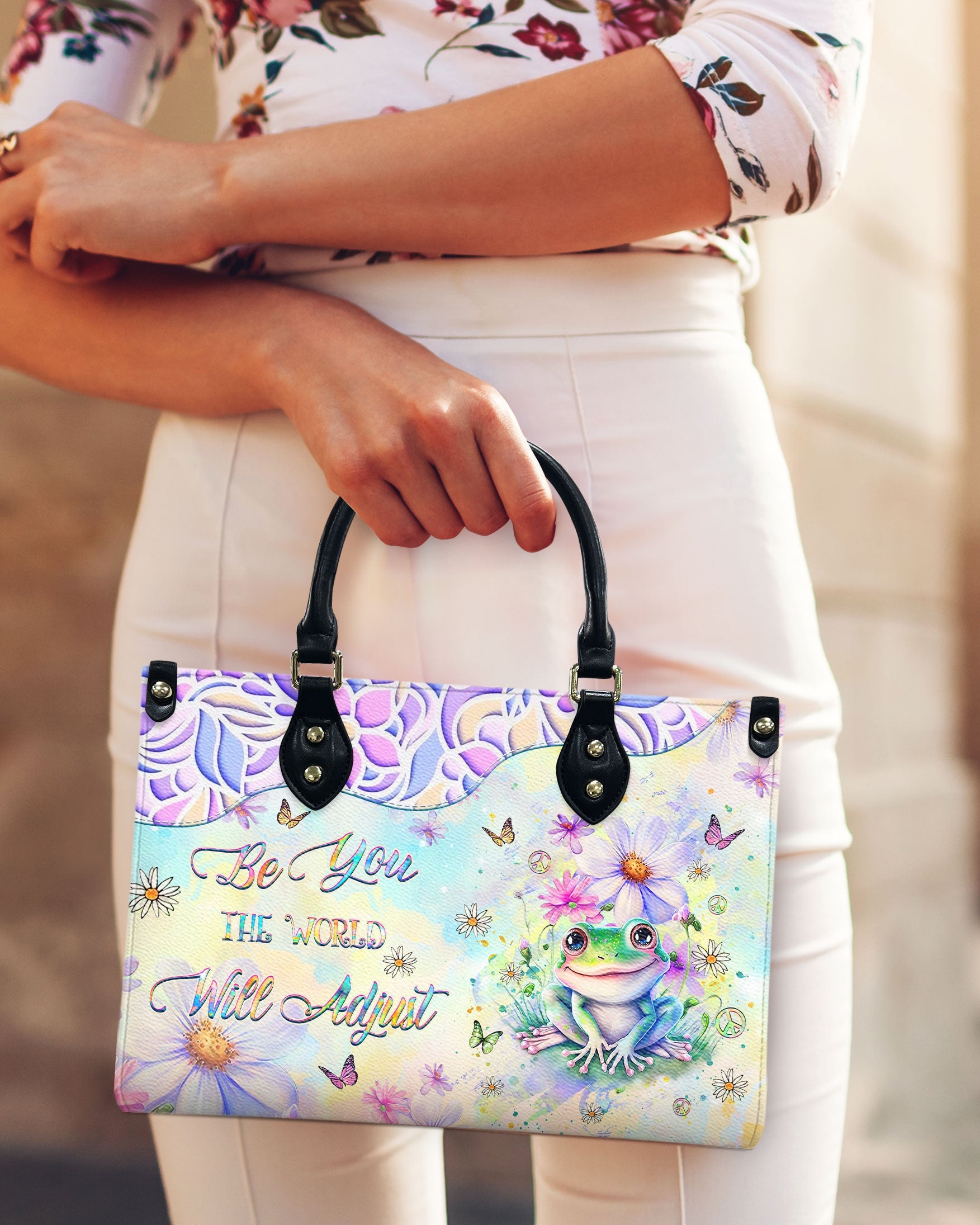 Be You The World Will Adjust Cute Peace Frog Pastel Design Hippie Leather Bag _9_ x8TEI