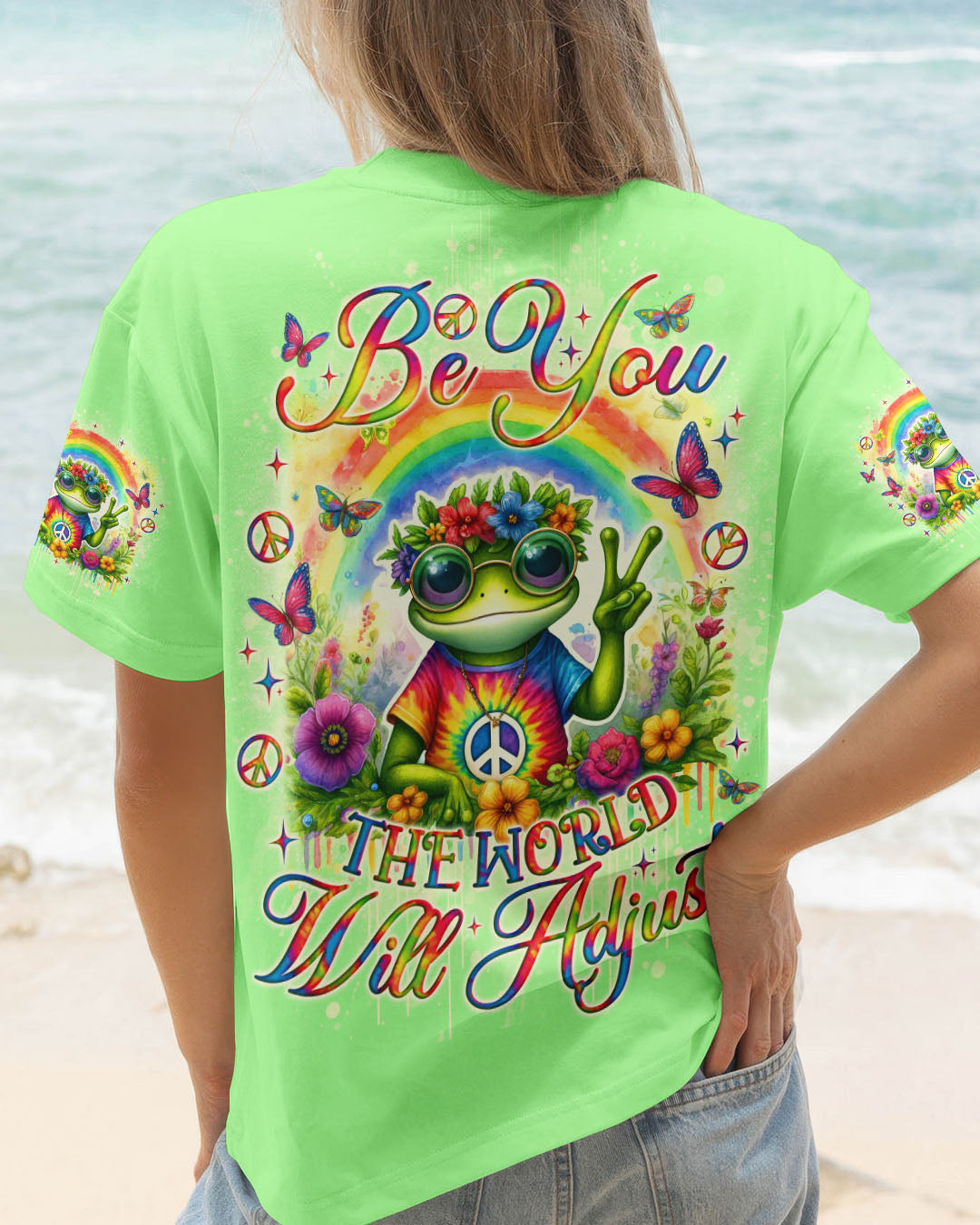 Be You The World Will Adjust Frog Hippie Tie Dye Rainbow Graphic AOP Shirts _6_ MPvxY