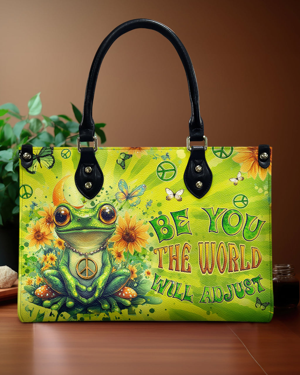 Be You The World Will Adjust Frog Peace Sign Green with Sunflowers Hippie Leather Bag _1_ 5ODHq