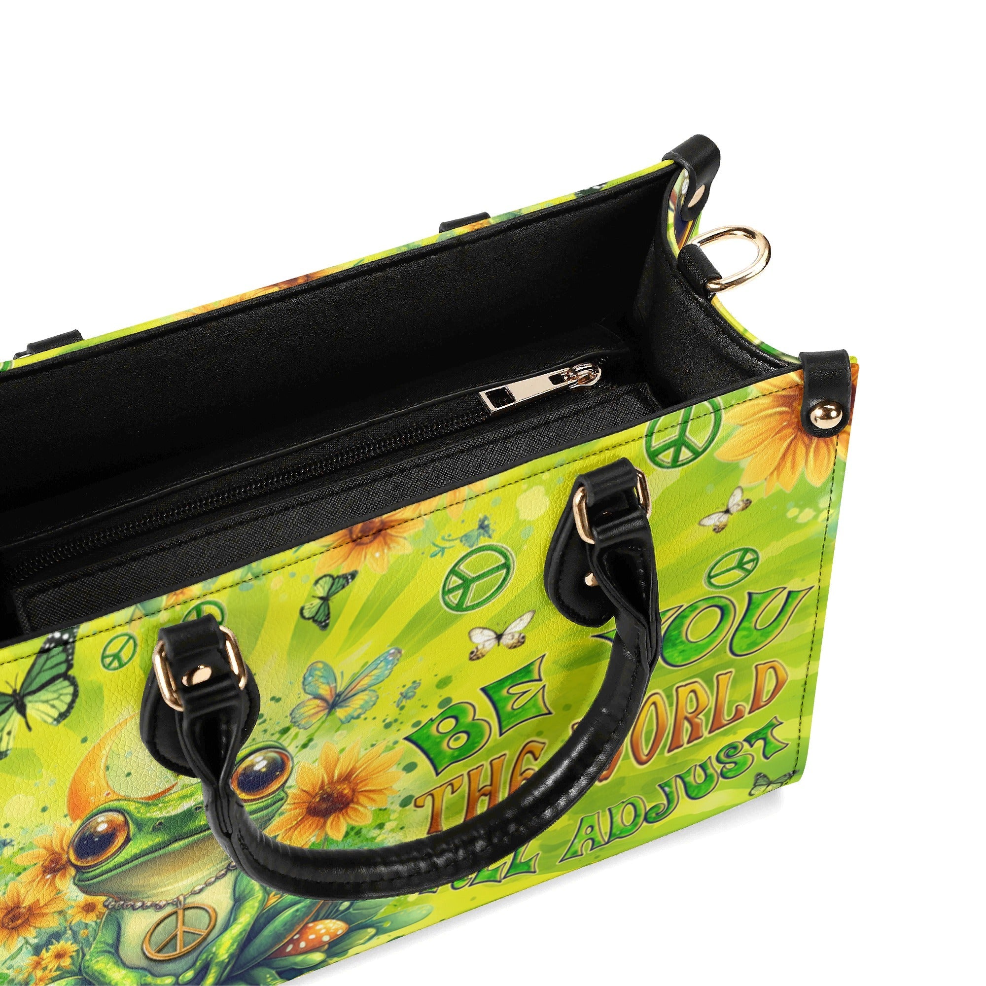 Be You The World Will Adjust Frog Peace Sign Green with Sunflowers Hippie Leather Bag _2_ BYUkE
