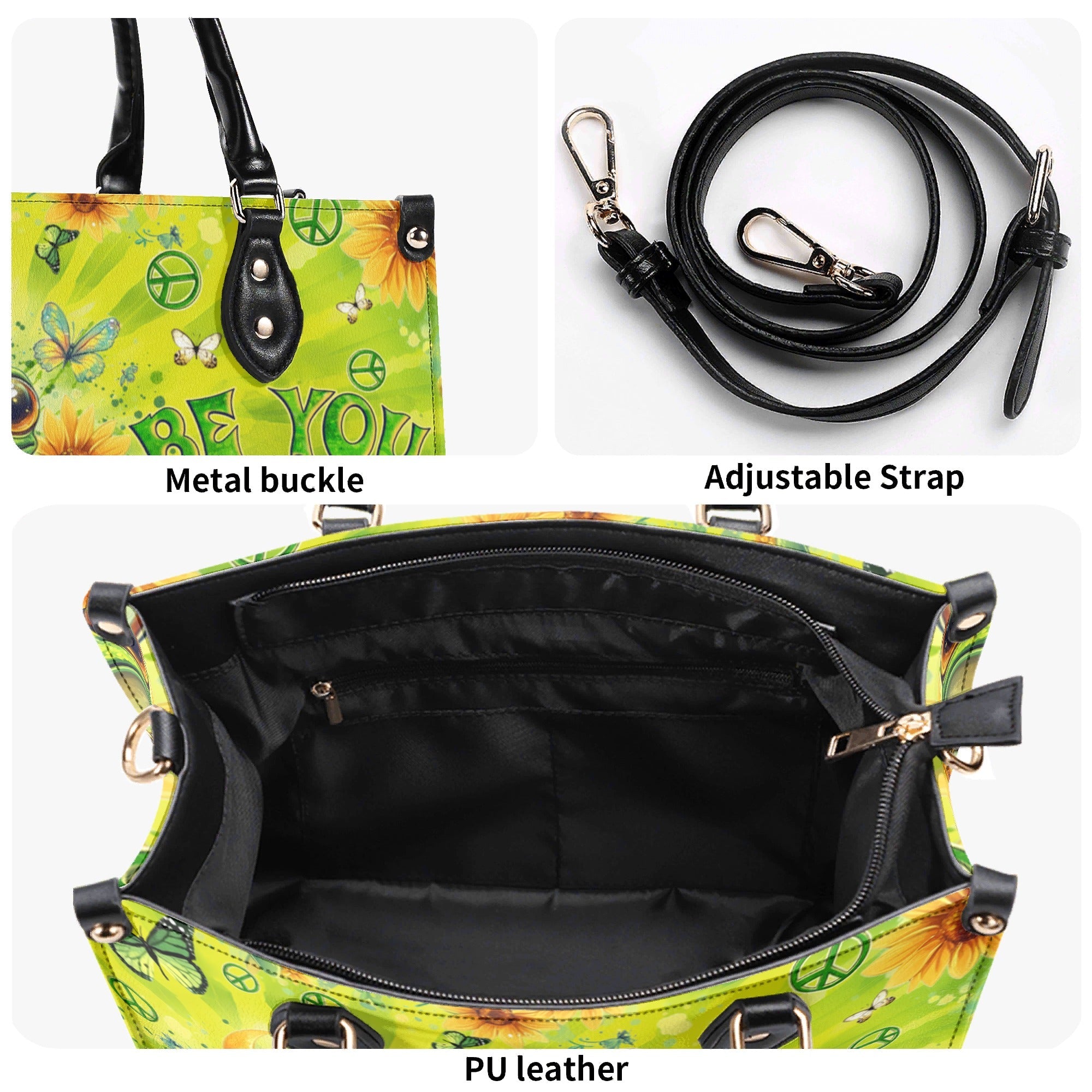 Be You The World Will Adjust Frog Peace Sign Green with Sunflowers Hippie Leather Bag _3_ vGUCu