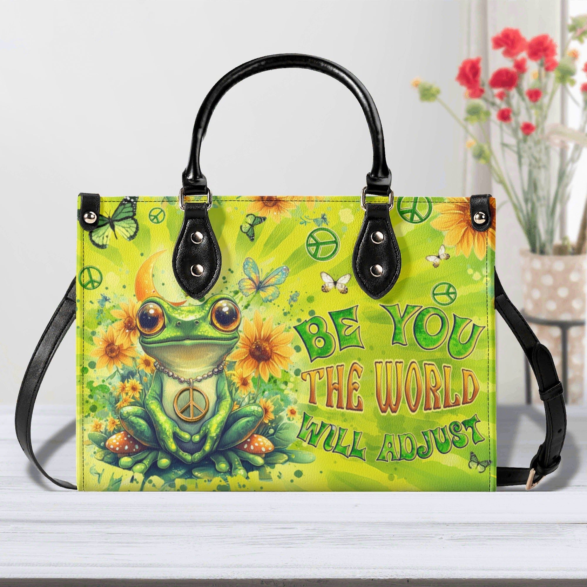 Be You The World Will Adjust Frog Peace Sign Green with Sunflowers Hippie Leather Bag _4_ sMSA0