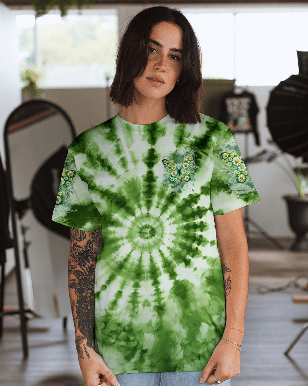 Be You The World Will Adjust Green Daisy Butterfly Tie Dye AOP Shirts _13_ h428Z