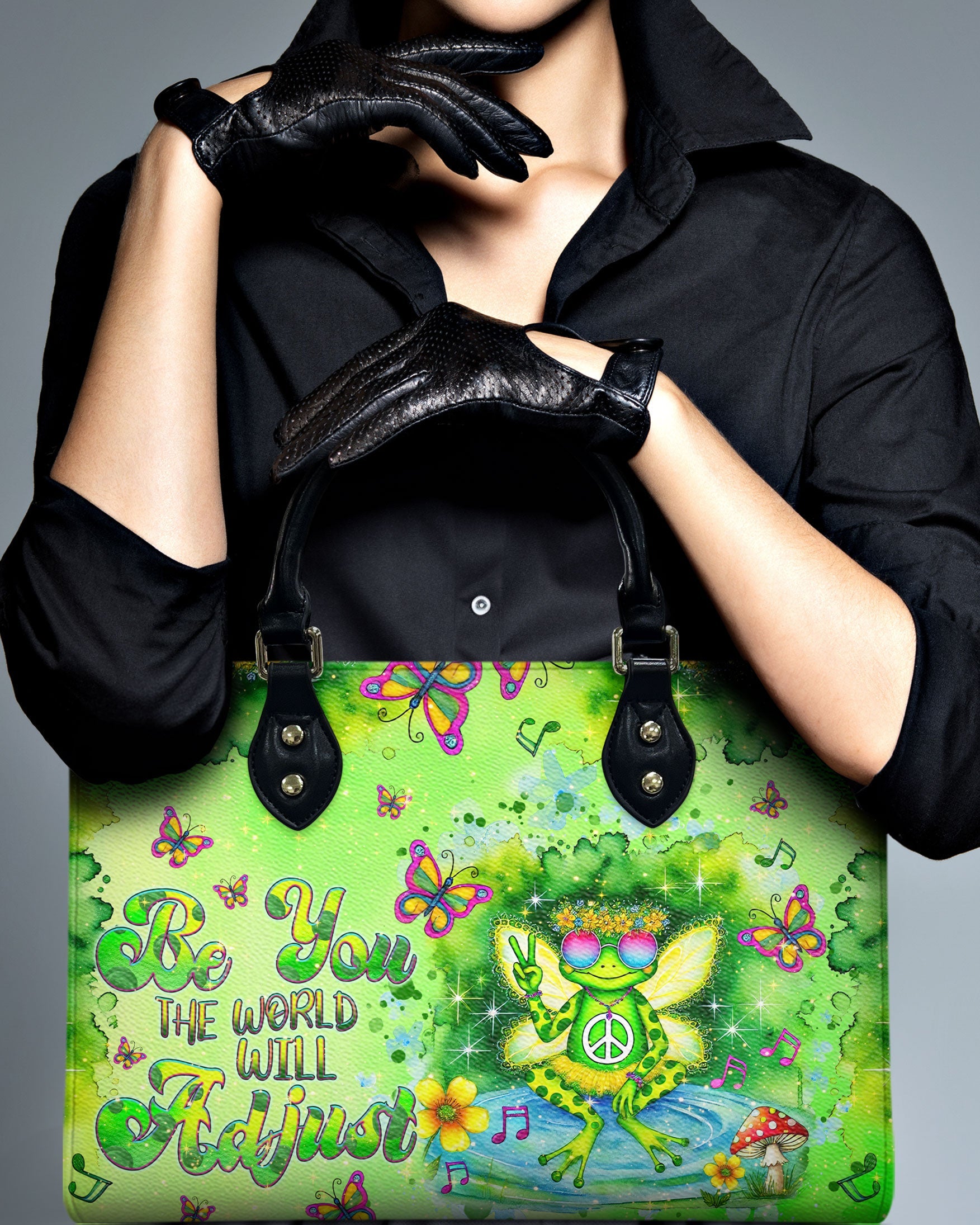Be You The World Will Adjust Green Hippie Frog Psychedelic Peace Leather Bag _8_ QeQnv