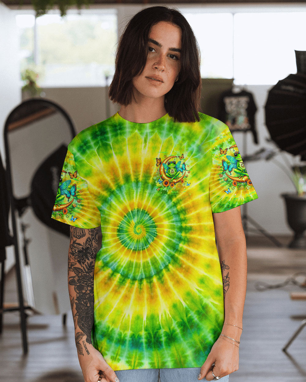 Be You The World Will Adjust Moon Frog Hippie Green Tie Dye AOP Shirts _14_ yTL80