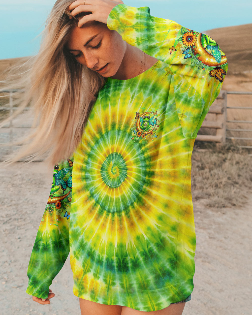 Be You The World Will Adjust Moon Frog Hippie Green Tie Dye AOP Shirts _6_ qmujU