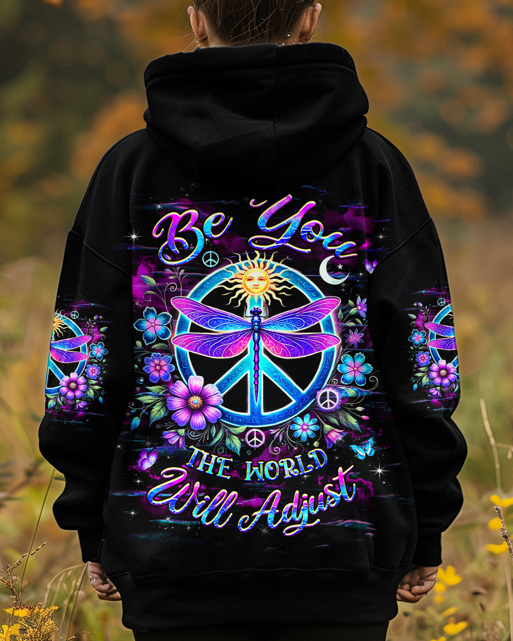 Be You The World Will Adjust Nron Dragonfly and Sun Peace Sign AOP Shirts _1_ pRyFO