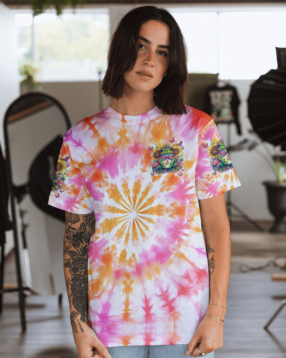 Be You The World Will Adjust Pastel Tie Dye Peace Frog with Sunflowers AOP Shirts _14_ Tr9YG