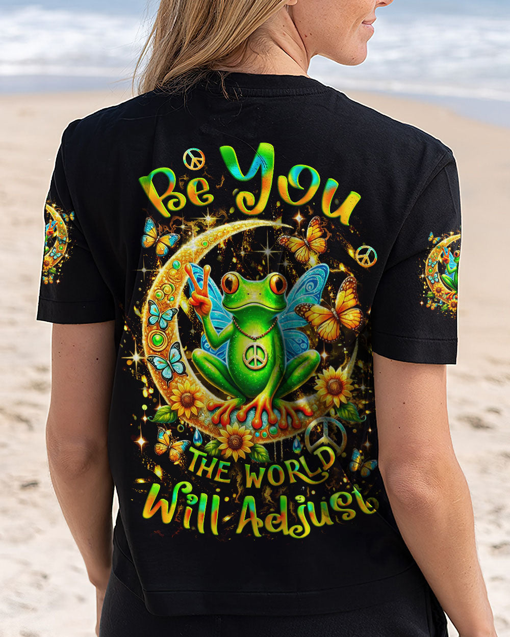 Be You The World Will Adjust Peace Frog Moon and Butterfly Graphic AOP Shirts _3_ liiFN