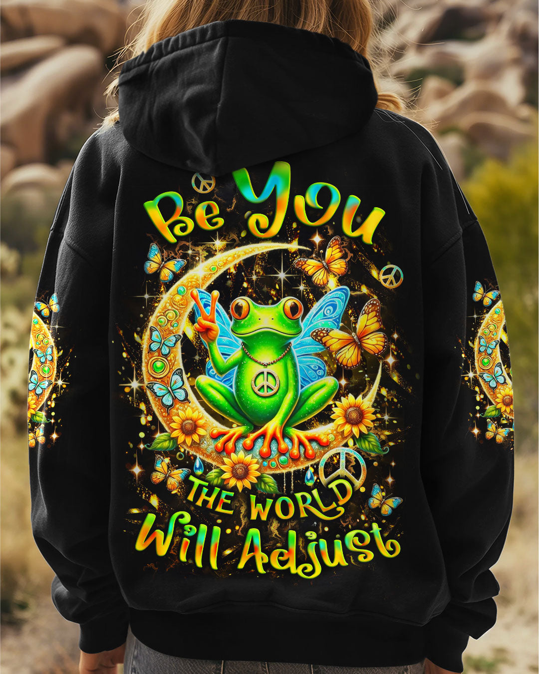 Be You The World Will Adjust Peace Frog Moon and Butterfly Graphic AOP Shirts _5_ DmXgn
