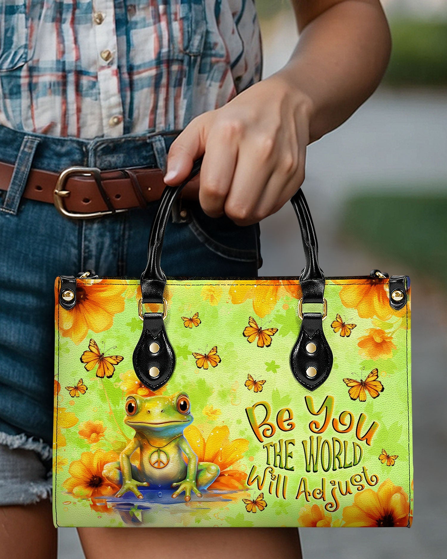 Be You The World Will Adjust Peace Frog and Butterfly Hippie Leather Bag _7_ 6gZco