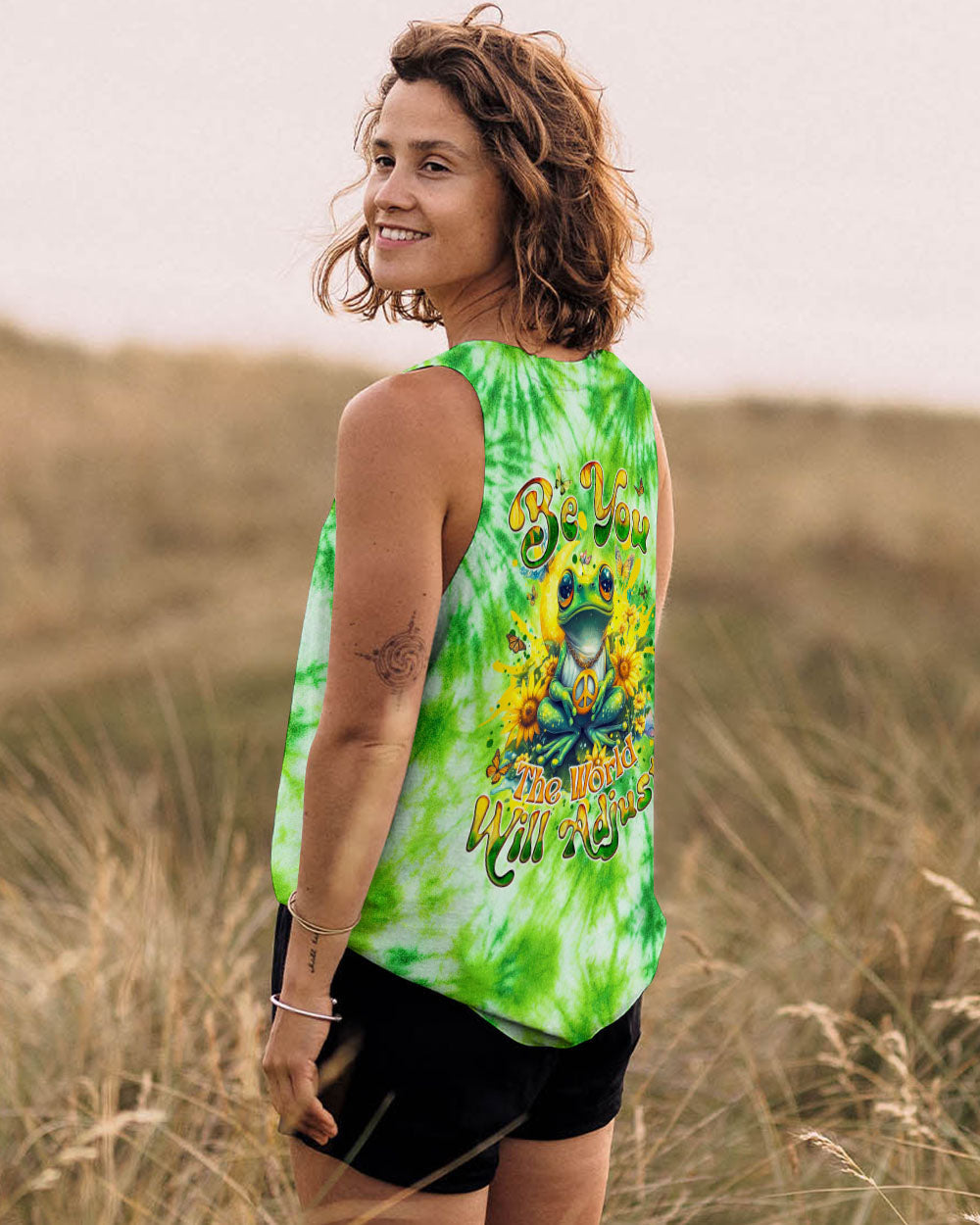 Be You The World Will Adjust Tie Dye Frog with Sunflowers Hippie Graphic AOP Shirts _11_ 79BYg