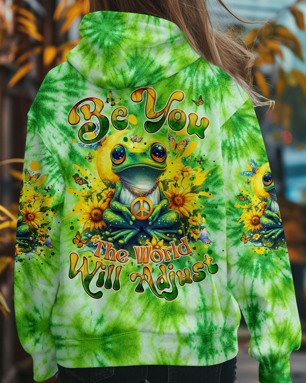 Be You The World Will Adjust Tie Dye Frog with Sunflowers Hippie Graphic AOP Shirts _5_ 570tA
