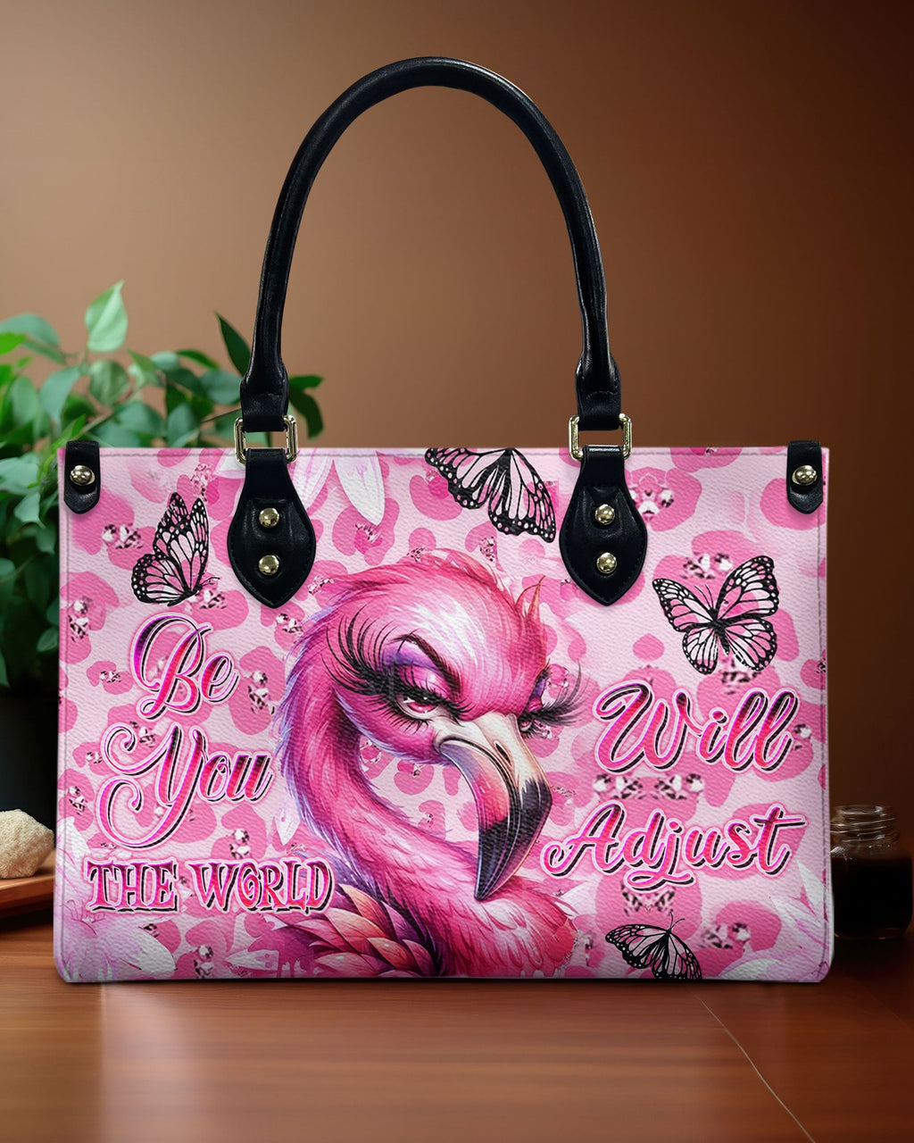 Be You The World will Adjust Bold Pink Flamingo with Butterflies Design for Women Leather Bag _1_ EcH2R