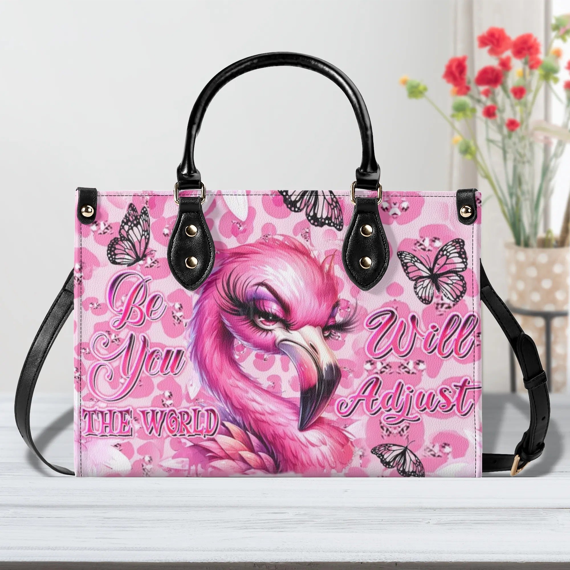 Be You The World will Adjust Bold Pink Flamingo with Butterflies Design for Women Leather Bag _7_ 10aJa