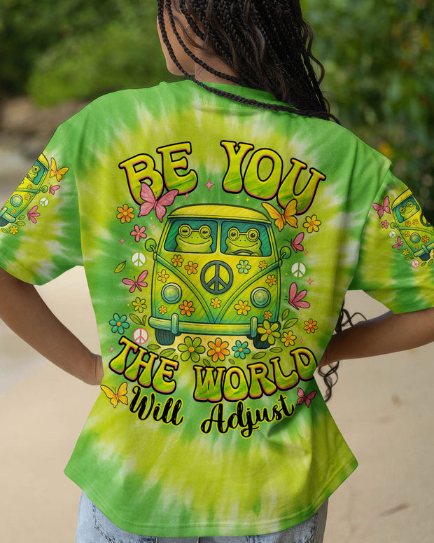 Be You the World Will Adjust - Hippie Frog Tie Dye Peace Van Tee for Women - AOP Shirts