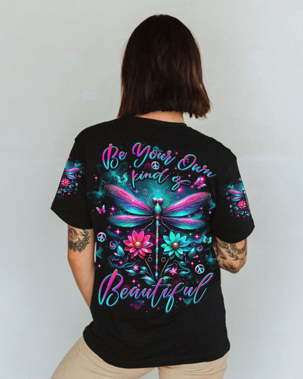 Be Your Own Kind of Beautiful - Dragonfly and Floral Colorful Graphic - AOP Shirts
